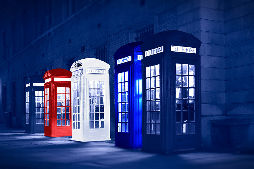 Red white and blue phone booths