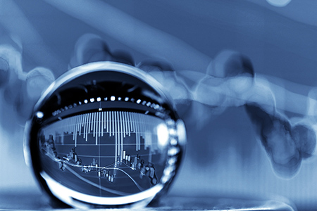 Crystal ball on the background of Stock Market Chart exchange trading